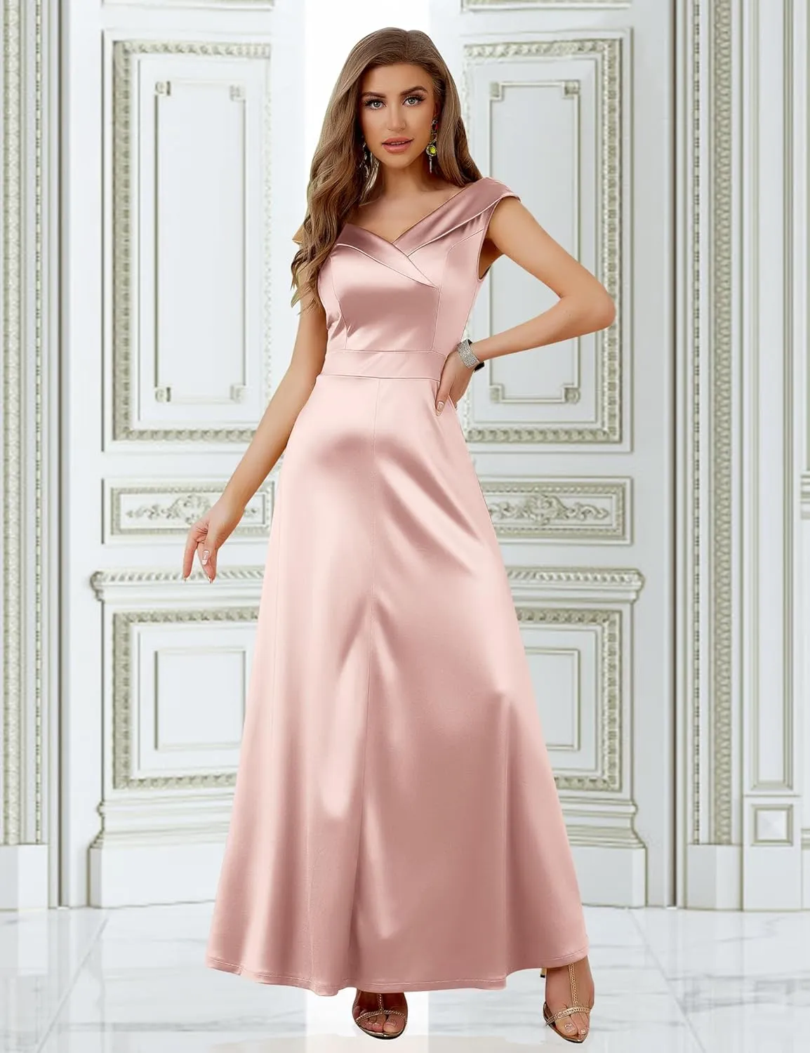 MUXXN Women's Vintage 50s Peter Pan V Neck Wedding Prom Party Floor Length Dress