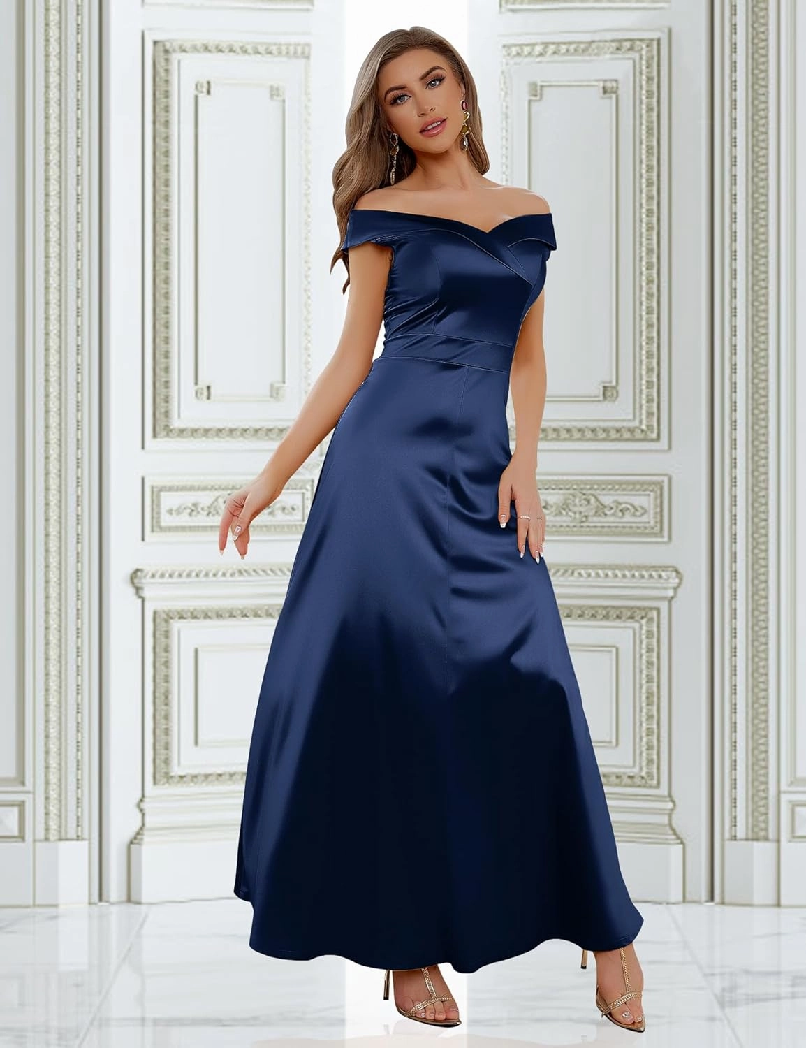 MUXXN Women's Vintage 50s Peter Pan V Neck Wedding Prom Party Floor Length Dress