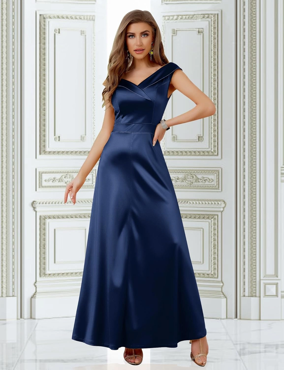 MUXXN Women's Vintage 50s Peter Pan V Neck Wedding Prom Party Floor Length Dress