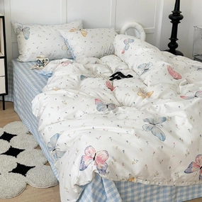 Nayoroom Butterfly Duvet Cover Queen Size Reversible Blue White Gingham Bedding Set 3 Pcs Kids Girls Colorful Butterflies Comforter Cover with Zipper Closure Soft Breathable Microfiber