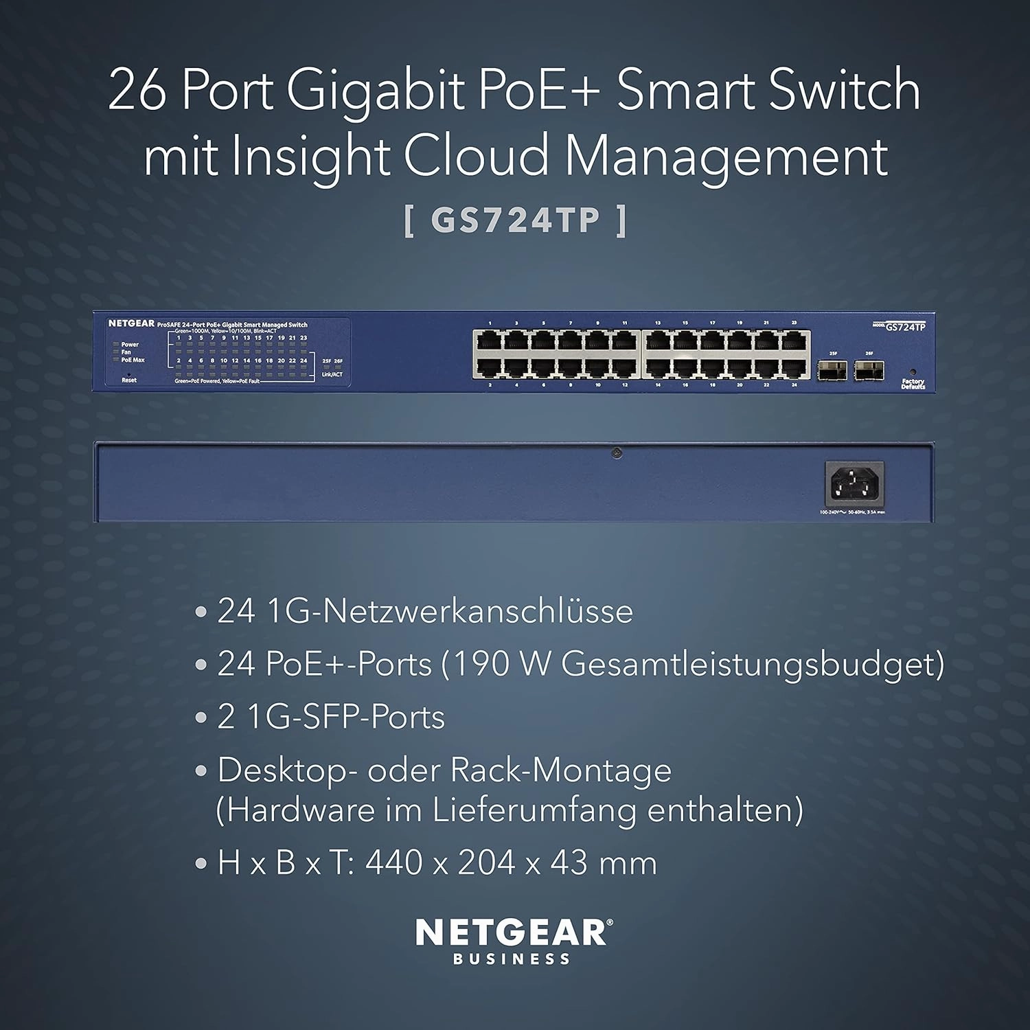 NETGEAR 24-Port Gigabit Ethernet Smart Managed Pro PoE Network Switch (GS724TP) - Hub with 24 x PoE  @ 190W, 2 x 1G SFP, Desktop/Rackmount, and ProSAFE Protection, Black, Grey