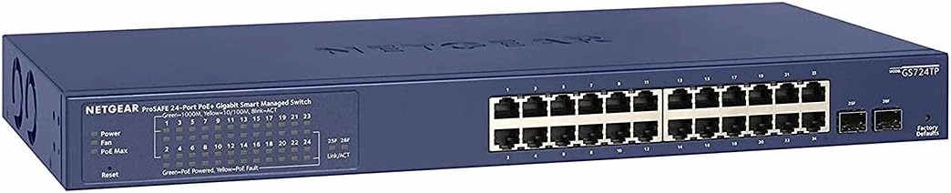 NETGEAR 24-Port Gigabit Ethernet Smart Managed Pro PoE Network Switch (GS724TP) - Hub with 24 x PoE  @ 190W, 2 x 1G SFP, Desktop/Rackmount, and ProSAFE Protection, Black, Grey