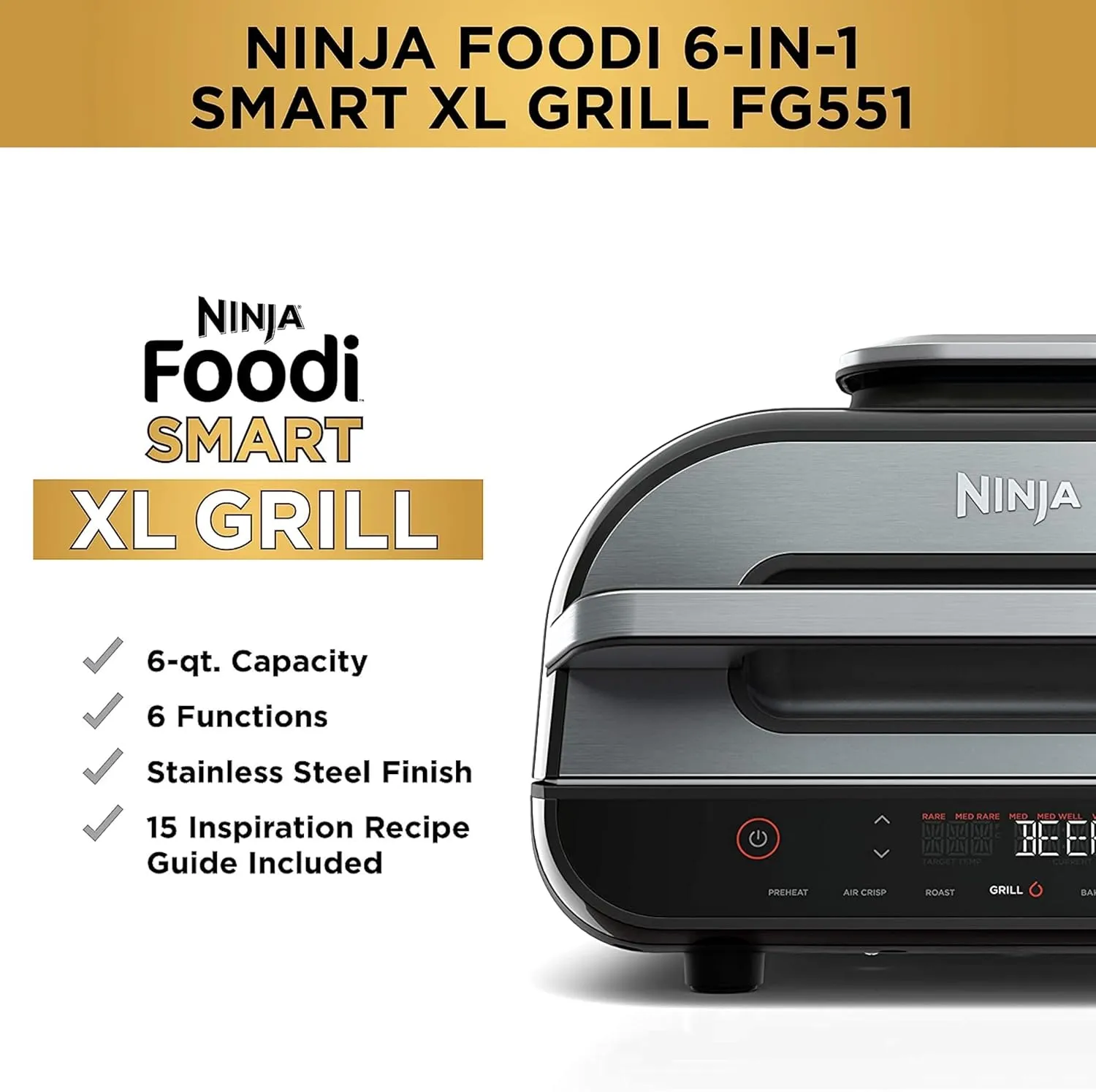 Ninja Indoor Grill, Foodi Smart XL 6-in-1 Indoor Grill with Air Fry, Roast, Bake, Broil & Dehydrate, Smart Thermometer, Black/Silver, FG551