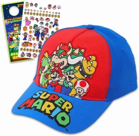 Nintendo Super Mario Family Hat - Super Mario Baseball Cap Bundle with Bowser, Mario, Luigi, Toad, and Yoshi Plus Stickers, Door Hanger | Super Mario Baseball Hat for Kids