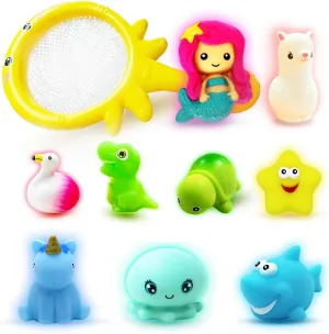 No Hole Light Up Bath Toys, 9pcs Flashing Colourful Bathtub Mermaid Toy with Storage Bag and Net Fishing for Swimming Pool Party Bathroom, Bathtub Floating Water Toy for Infant Kid Toddler Boy Girl