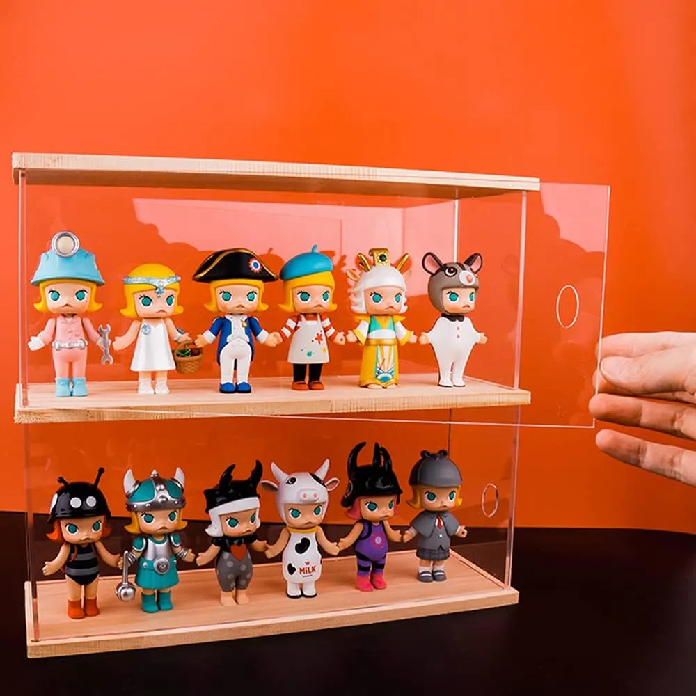 Nynelly 2-Level Clear Acrylic Display Case, Dustproof Showcase for Collection Bricks Blocks Toys Models Minifigures Building, Removable,Walnut