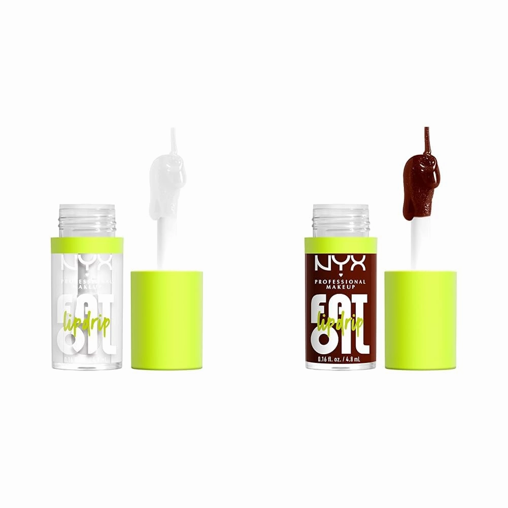 NYX PROFESSIONAL MAKEUP Fat Oil Vegan Lip Gloss Bundle with My Main Clear Gloss (3 Count) and Status Update Rich Chocolate Gloss