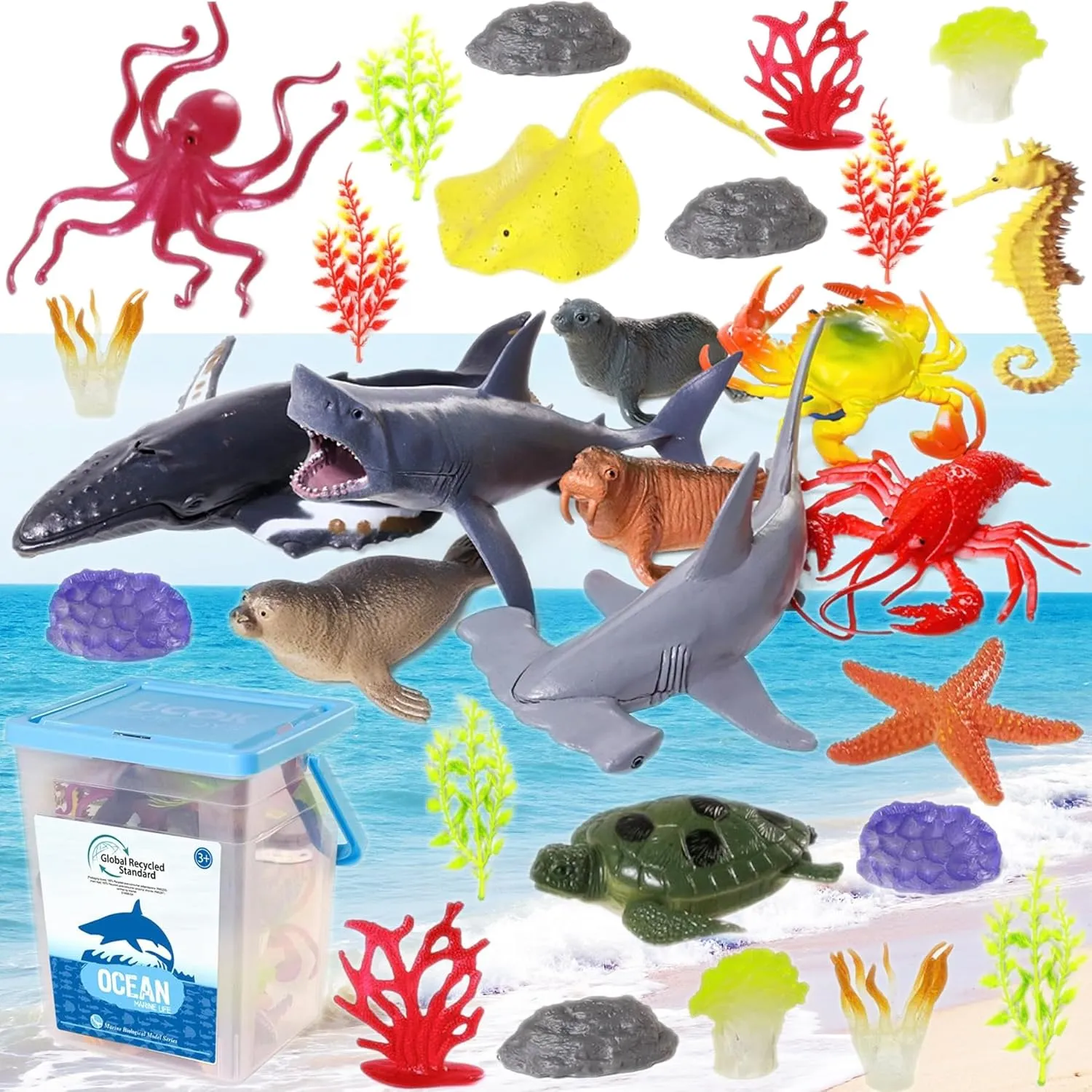 Ocean Sea Animal Figure Toys for Kids 3-5, Realistic Sea Life Figures Animal Toys Sand Toys Beach Bath Playset Include Shark, Whale, Corals, Seagrass, Crab, Octopus, Turtle for Toddler, Boys & Girls