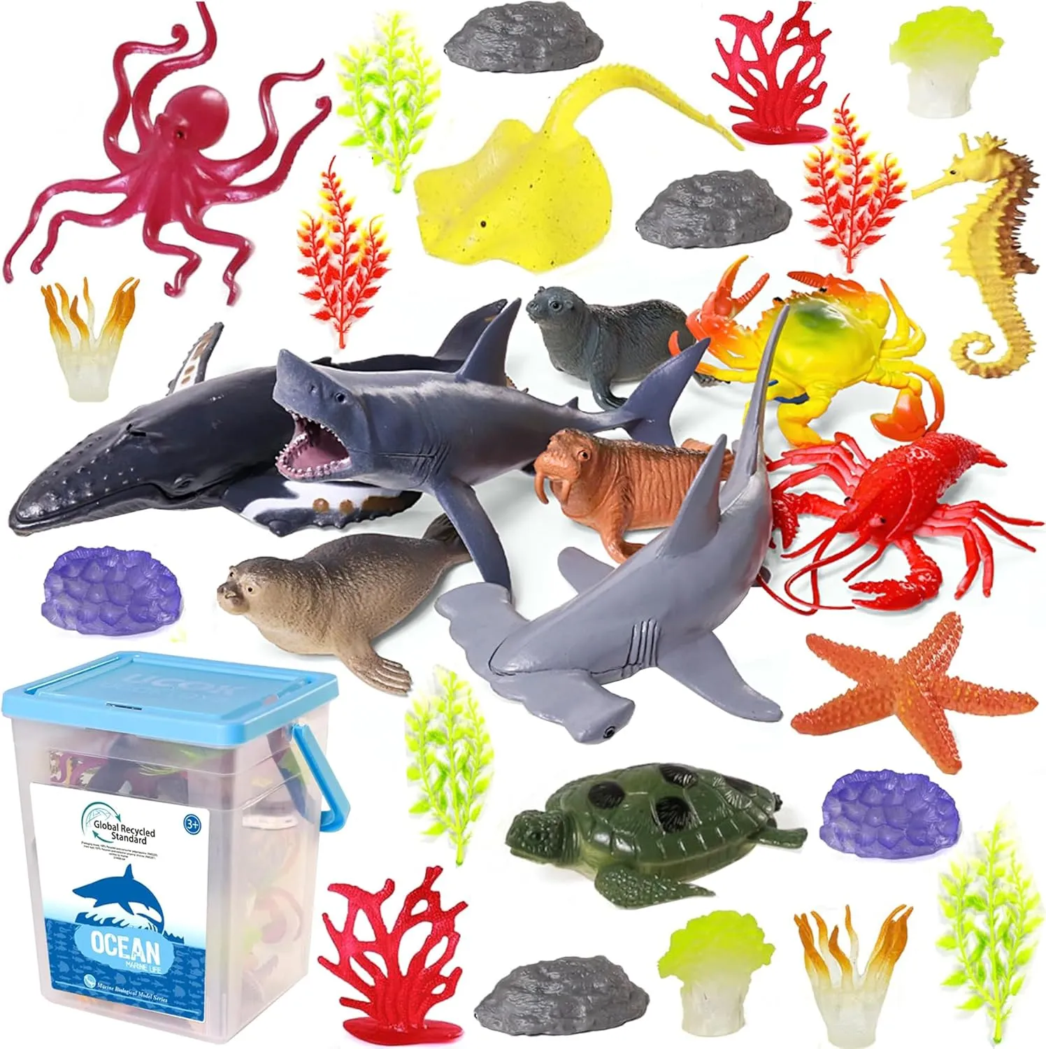 Ocean Sea Animal Figure Toys for Kids 3-5, Realistic Sea Life Figures Animal Toys Sand Toys Beach Bath Playset Include Shark, Whale, Corals, Seagrass, Crab, Octopus, Turtle for Toddler, Boys & Girls