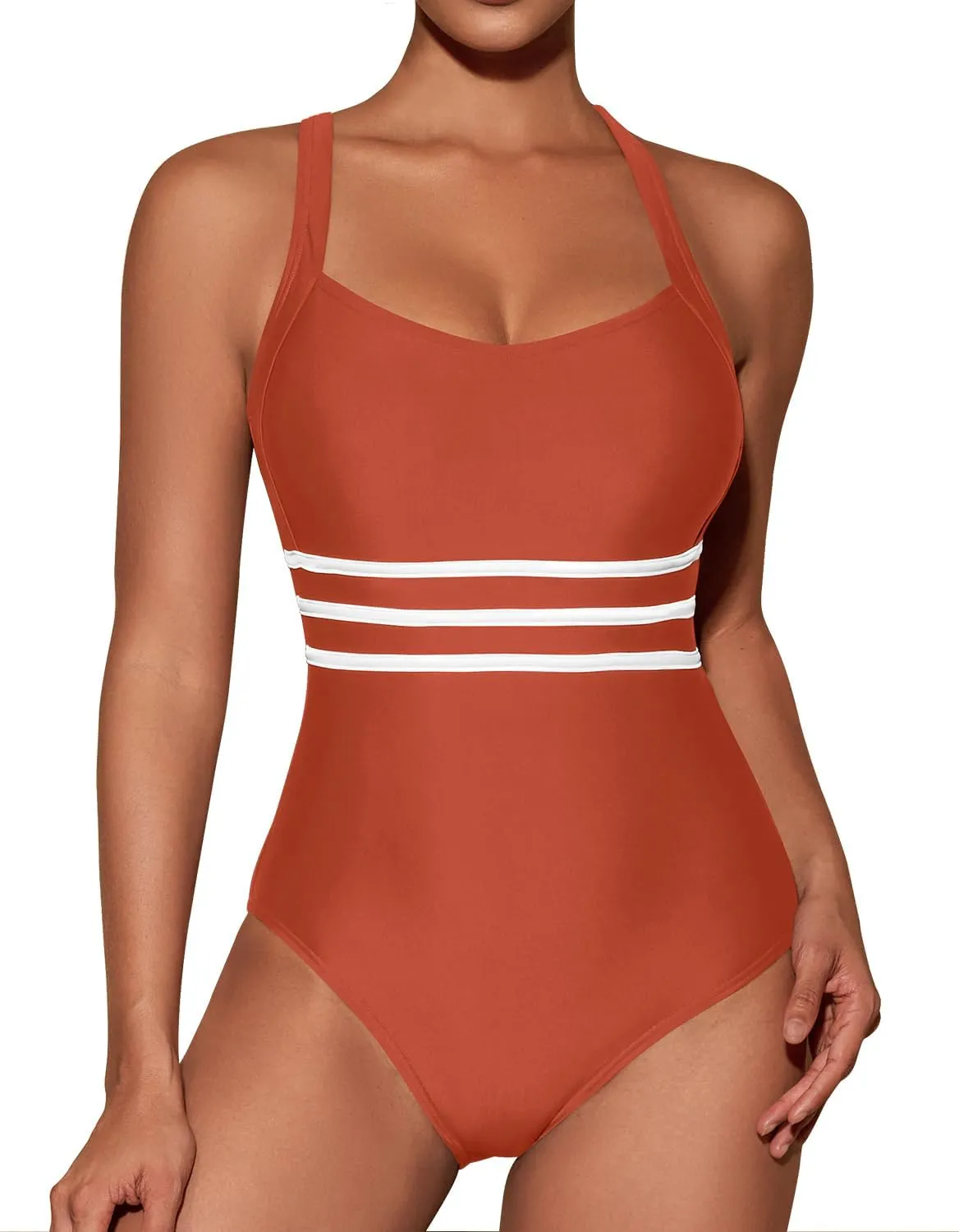 One Piece Swimsuit Women Tummy Control Color Block Stripes Bathing Suit Full Coverage Swimwear Adjustable Straps