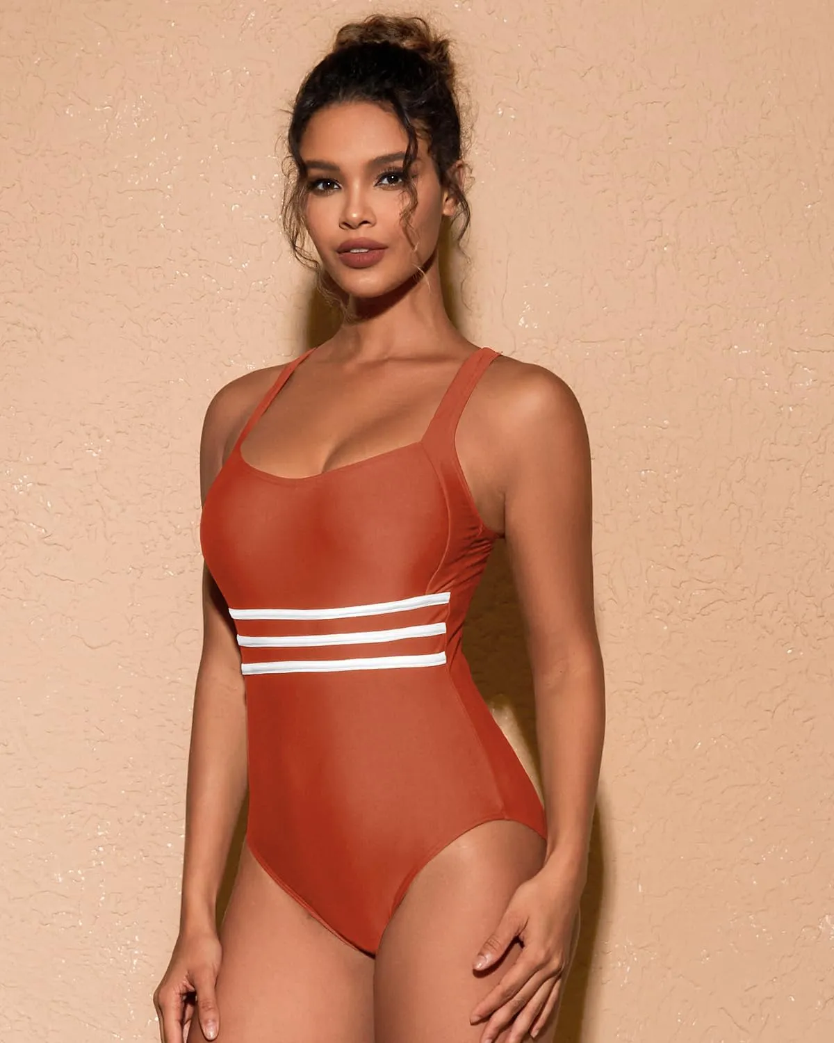One Piece Swimsuit Women Tummy Control Color Block Stripes Bathing Suit Full Coverage Swimwear Adjustable Straps