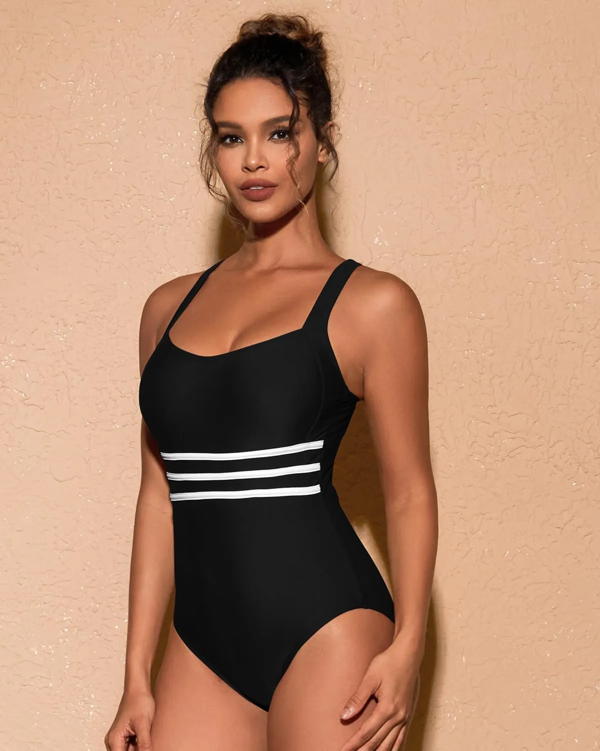 One Piece Swimsuit Women Tummy Control Color Block Stripes Bathing Suit Full Coverage Swimwear Adjustable Straps