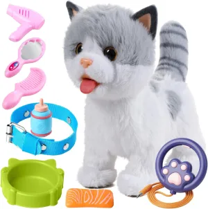 OR OR TU Walking Toy Cat with Remote Control Leash, Plush Cat Electronic Interactive Toys for Kids, Shake Tail, Licking, Pretend Dress Up Realistic Stuffed Animal Cat Age 3 4 5 6  Years Old Best Gift