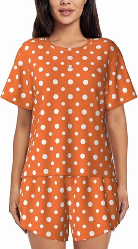 Orange And White Polka Dot For Pajamas Sets For Women Short-Sleeved Pjs With Lounge Shorts Two Piece Sleepwear