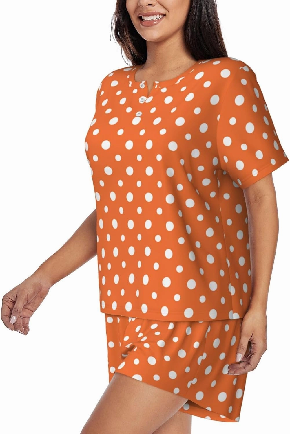 Orange And White Polka Dot For Pajamas Sets For Women Short-Sleeved Pjs With Lounge Shorts Two Piece Sleepwear