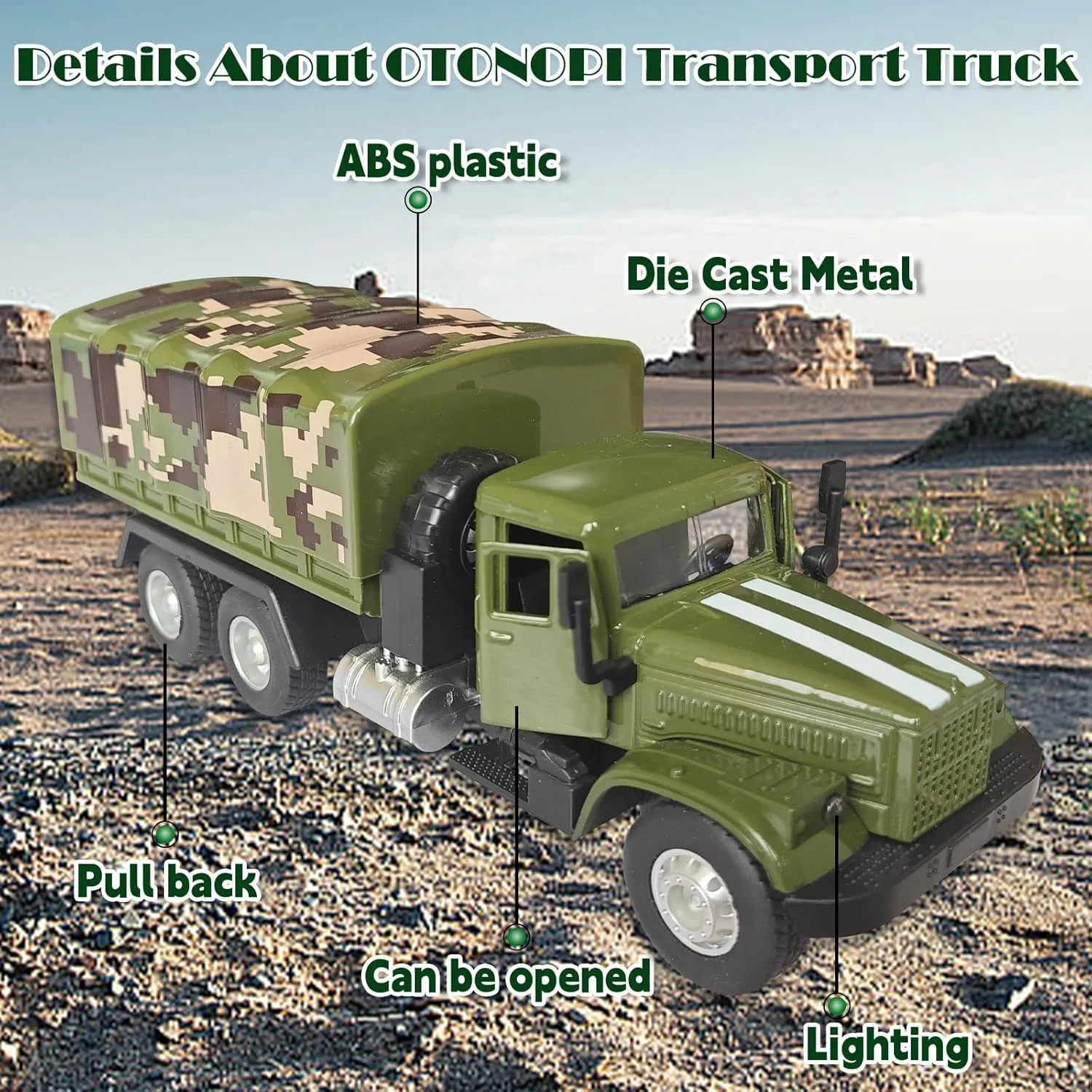 OTONOPI Military Truck Armored Vehicle Die Cast Metal Alloy Pull Back Toy Car Army Transport Model for Kids with Lights and Sounds
