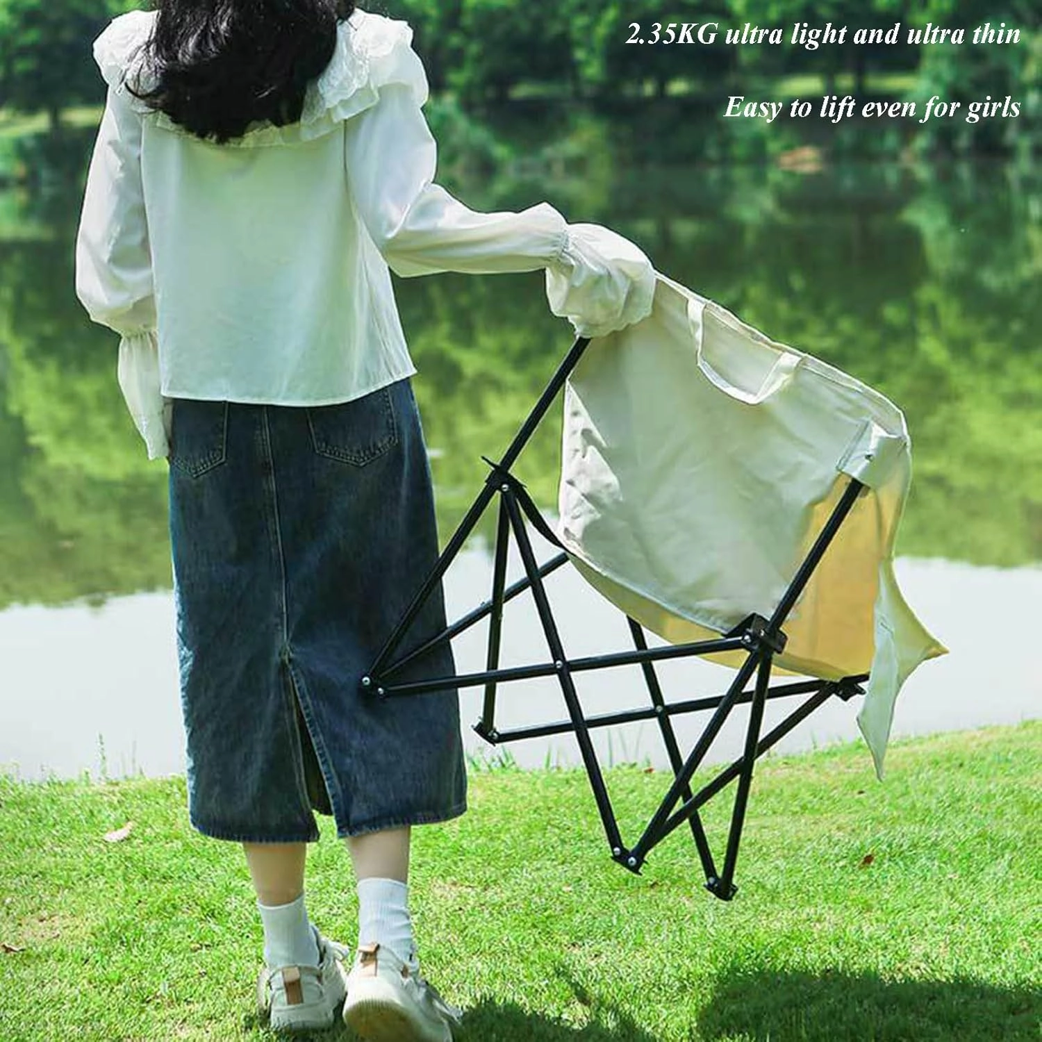 Oversized Folding Camping Chair - Portable Reclining Lounger for Tanning - Carry Bag Included - Heavy Duty Collapsible Chairs for Sports Garden Beach Fishing, Black