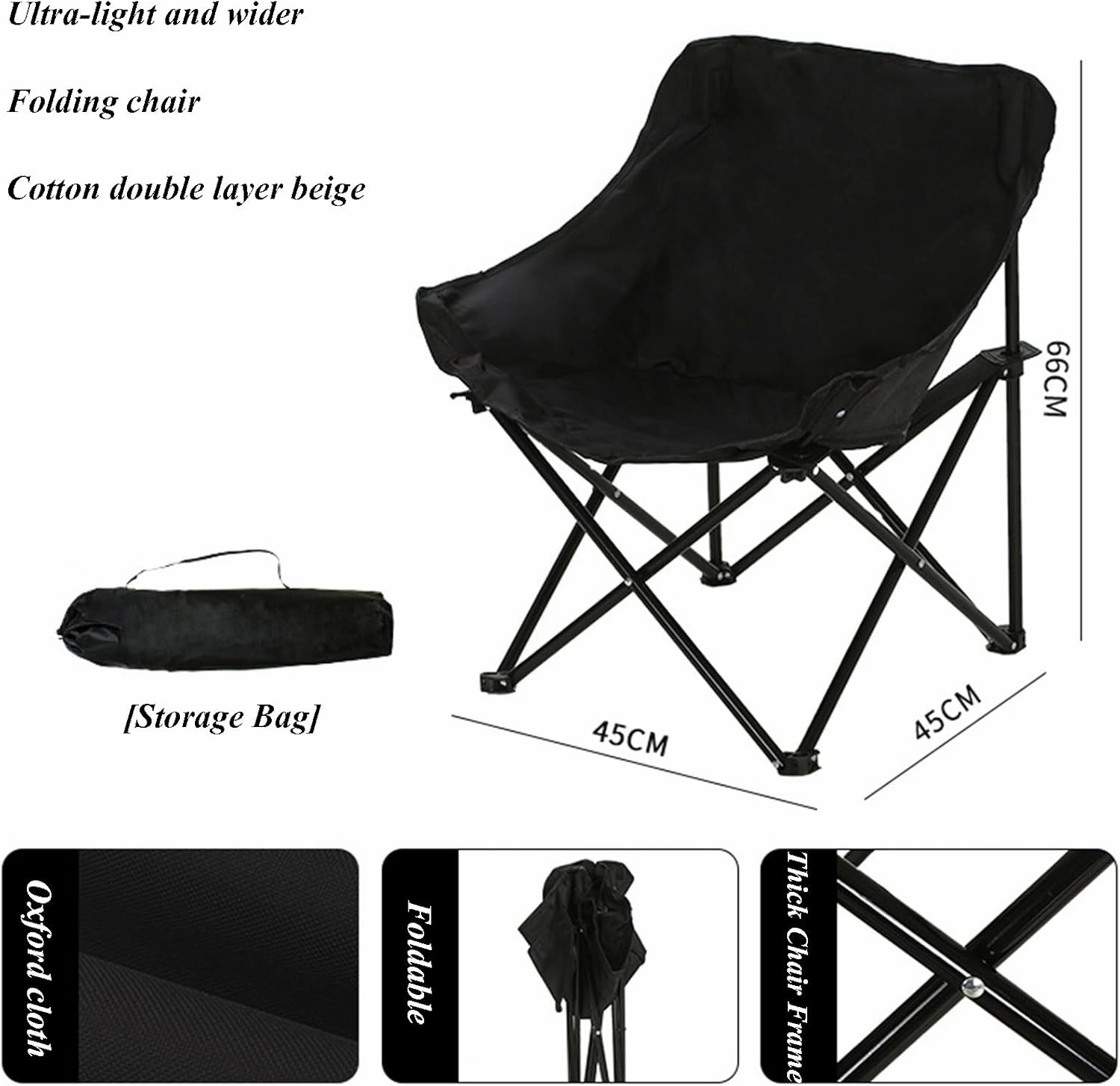 Oversized Folding Camping Chair - Portable Reclining Lounger for Tanning - Carry Bag Included - Heavy Duty Collapsible Chairs for Sports Garden Beach Fishing, Black