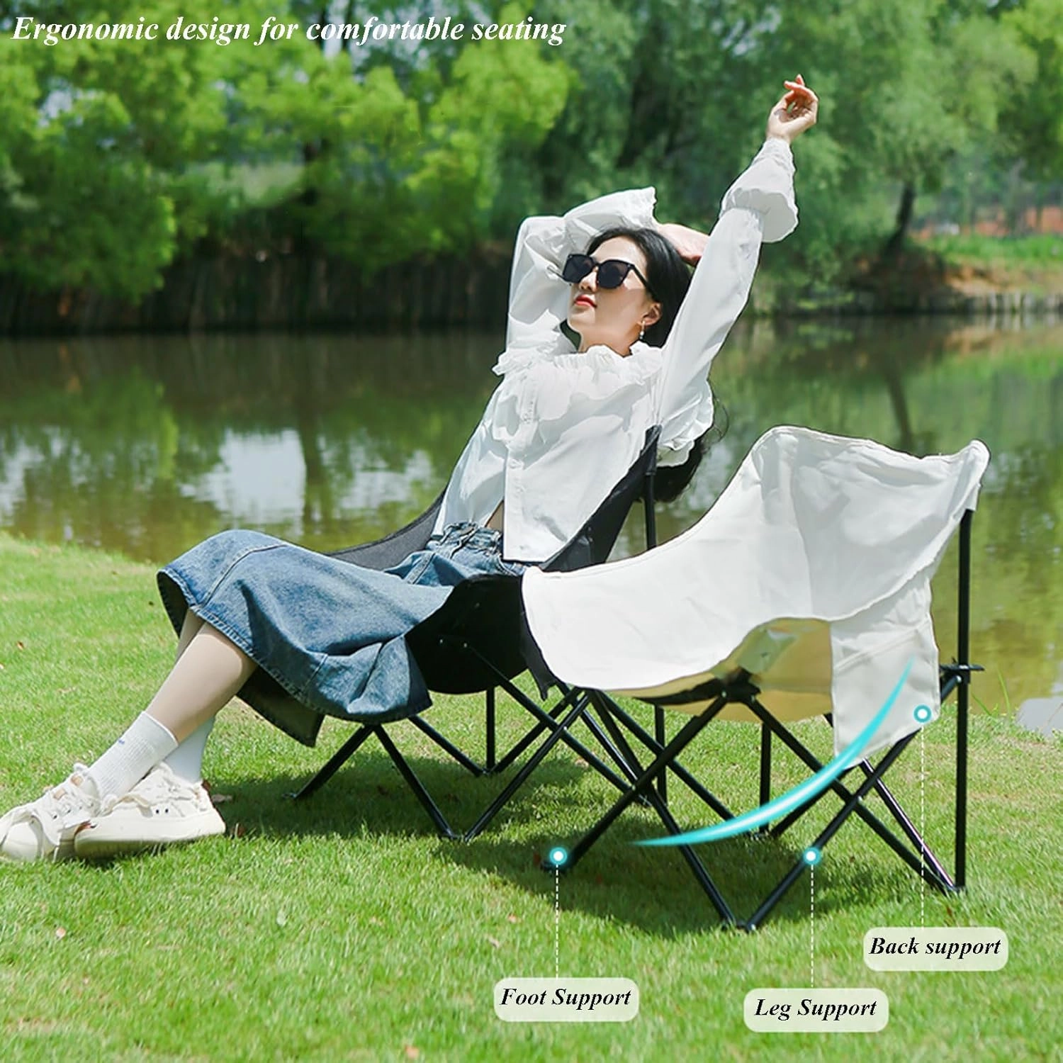 Oversized Folding Camping Chair - Portable Reclining Lounger for Tanning - Carry Bag Included - Heavy Duty Collapsible Chairs for Sports Garden Beach Fishing, Black