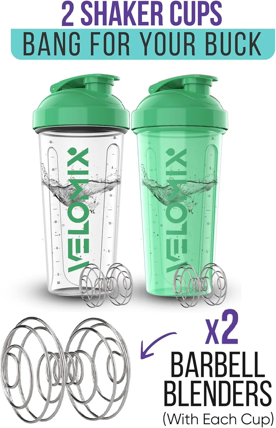 Pack Of 2-28 Oz Protein Shaker Bottles for Protein Mixes - 2x Wire Whisk, Leak Proof Shaker Cups, Protein Shaker Bottle Pack, Shakers for Protein Shakes-Turquoise & Transparent