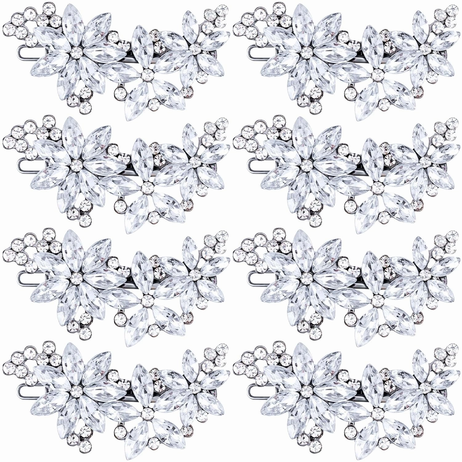PAGOW Silver 8 Pcs Crystal Flower Hair Clips, Wedding Hair Accessories for Brides Women Girls, Rhinestone Flower Headpiece