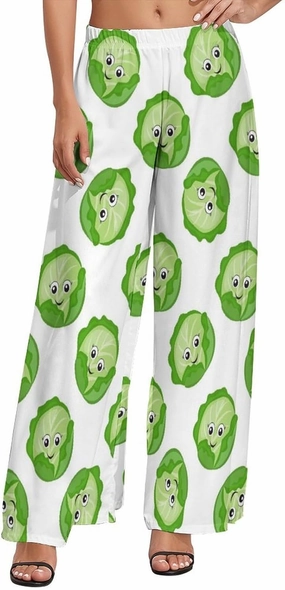 Palazzo Pants for Women, Bright Cabbage Cute Eyes Funny Casual Comfy Womens Wide Leg Pants Baggy Lounge Pants
