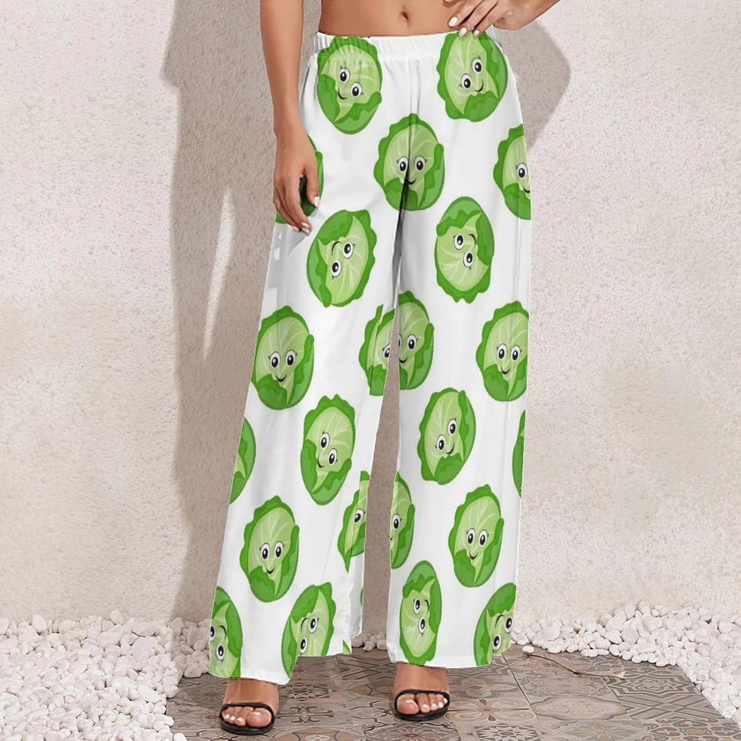 Palazzo Pants for Women, Bright Cabbage Cute Eyes Funny Casual Comfy Womens Wide Leg Pants Baggy Lounge Pants