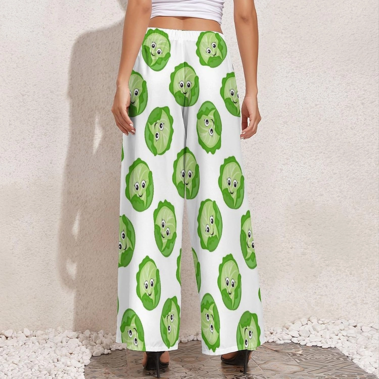 Palazzo Pants for Women, Bright Cabbage Cute Eyes Funny Casual Comfy Womens Wide Leg Pants Baggy Lounge Pants