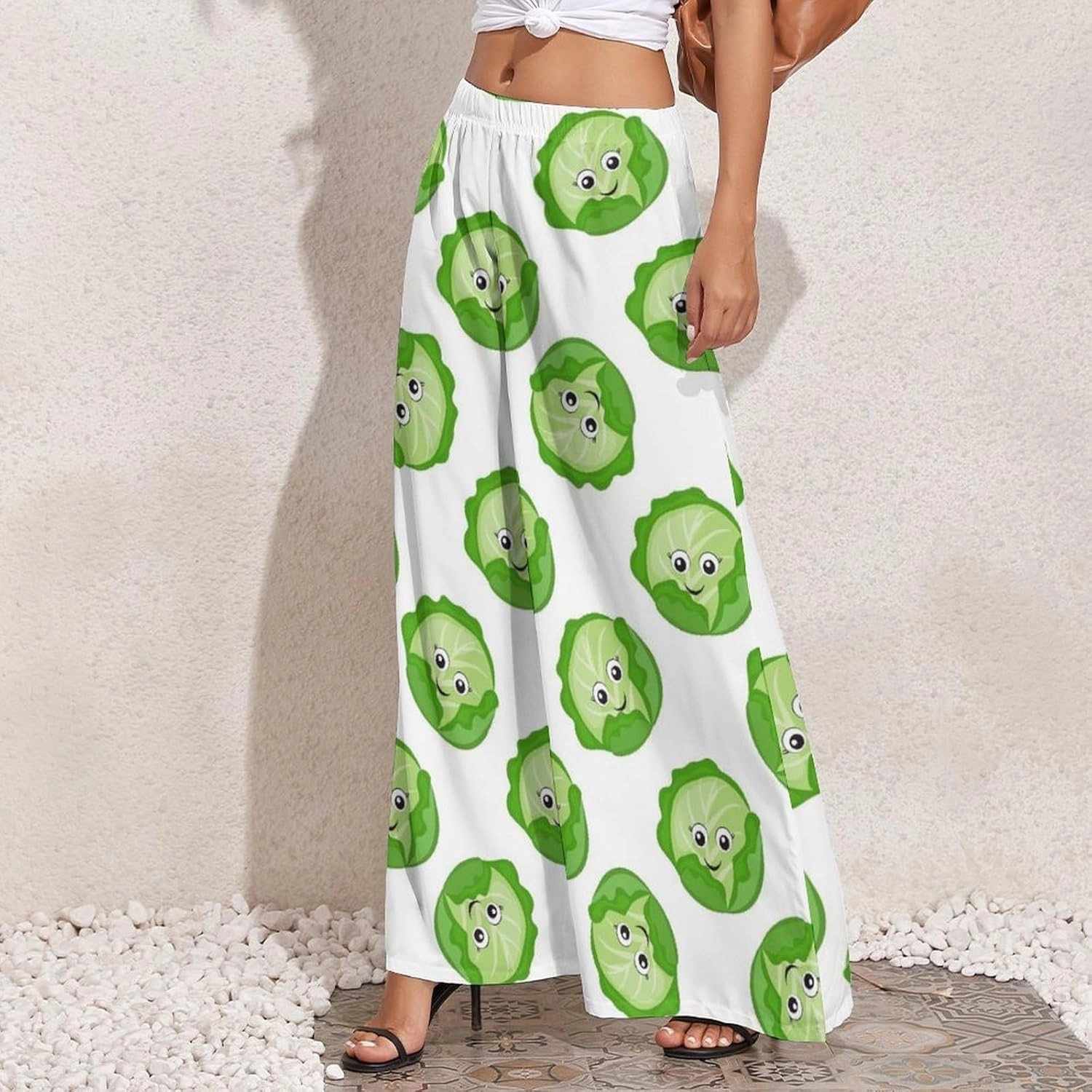 Palazzo Pants for Women, Bright Cabbage Cute Eyes Funny Casual Comfy Womens Wide Leg Pants Baggy Lounge Pants