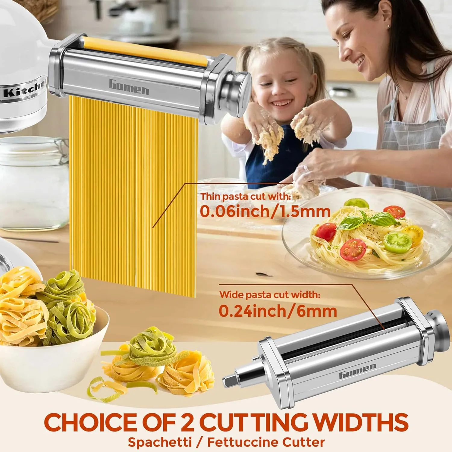 Pasta Attachment for Kitchenaid Stand Mixer,3 Pcs Pasta Maker Kitchen Aid Pasta Attachment for kitchenaid pasta maker Included Pasta Roller, Spaghetti Cutter and Fettuccine Cutter by Gomen