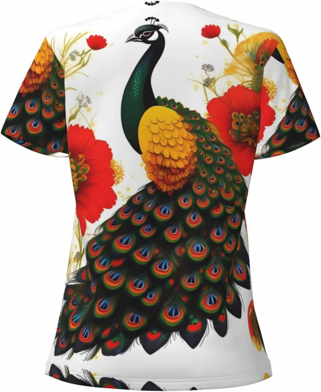 Peacock Red Flower Pattern Sexy V-Neck Printed Short T-Shirt, Travel Portable Fitness Clothes, Home and Outdoor wear