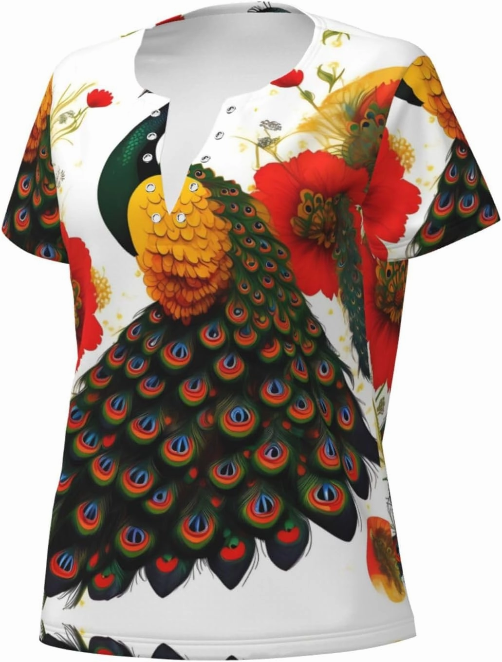 Peacock Red Flower Pattern Sexy V-Neck Printed Short T-Shirt, Travel Portable Fitness Clothes, Home and Outdoor wear