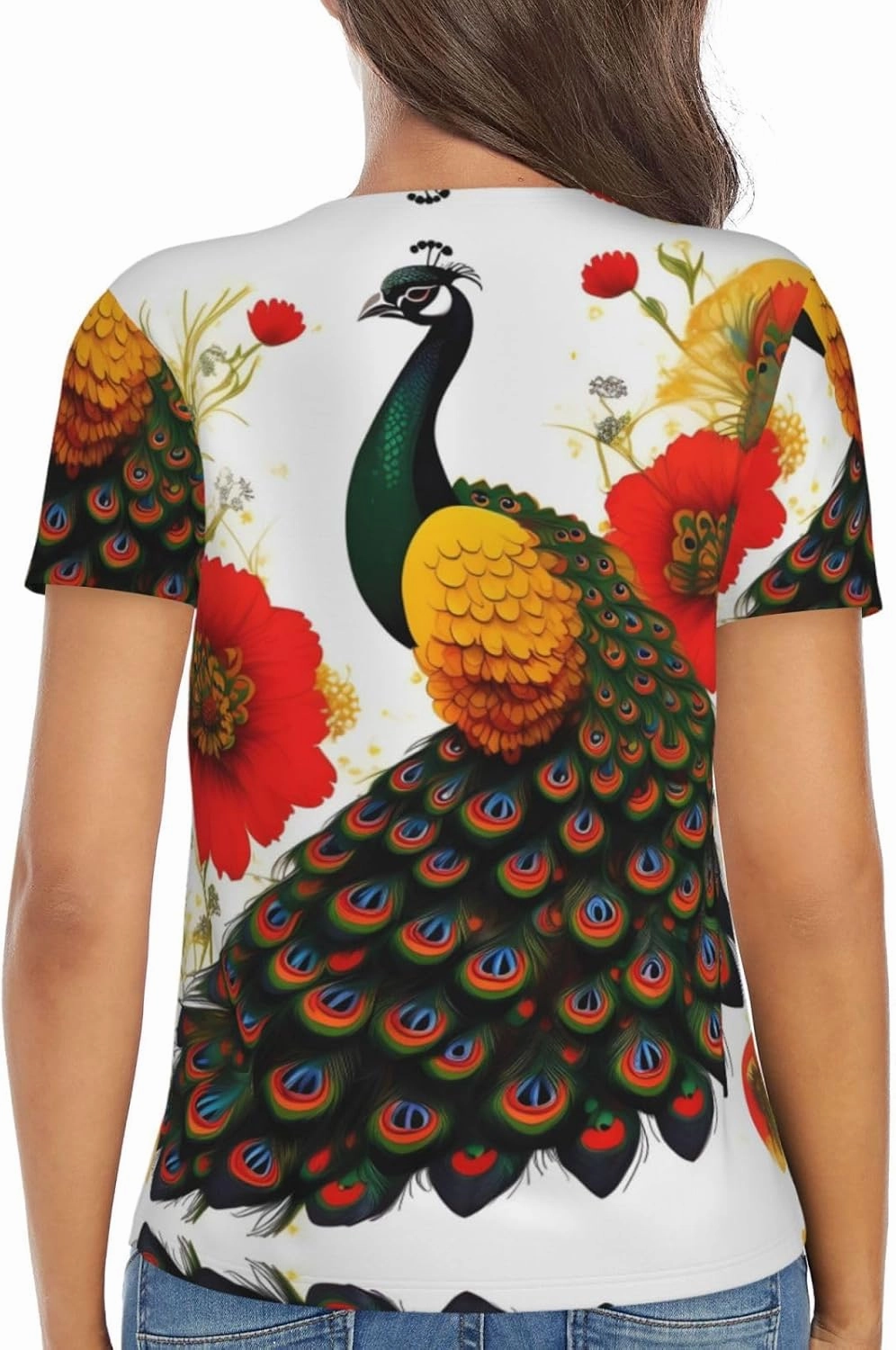 Peacock Red Flower Pattern Sexy V-Neck Printed Short T-Shirt, Travel Portable Fitness Clothes, Home and Outdoor wear