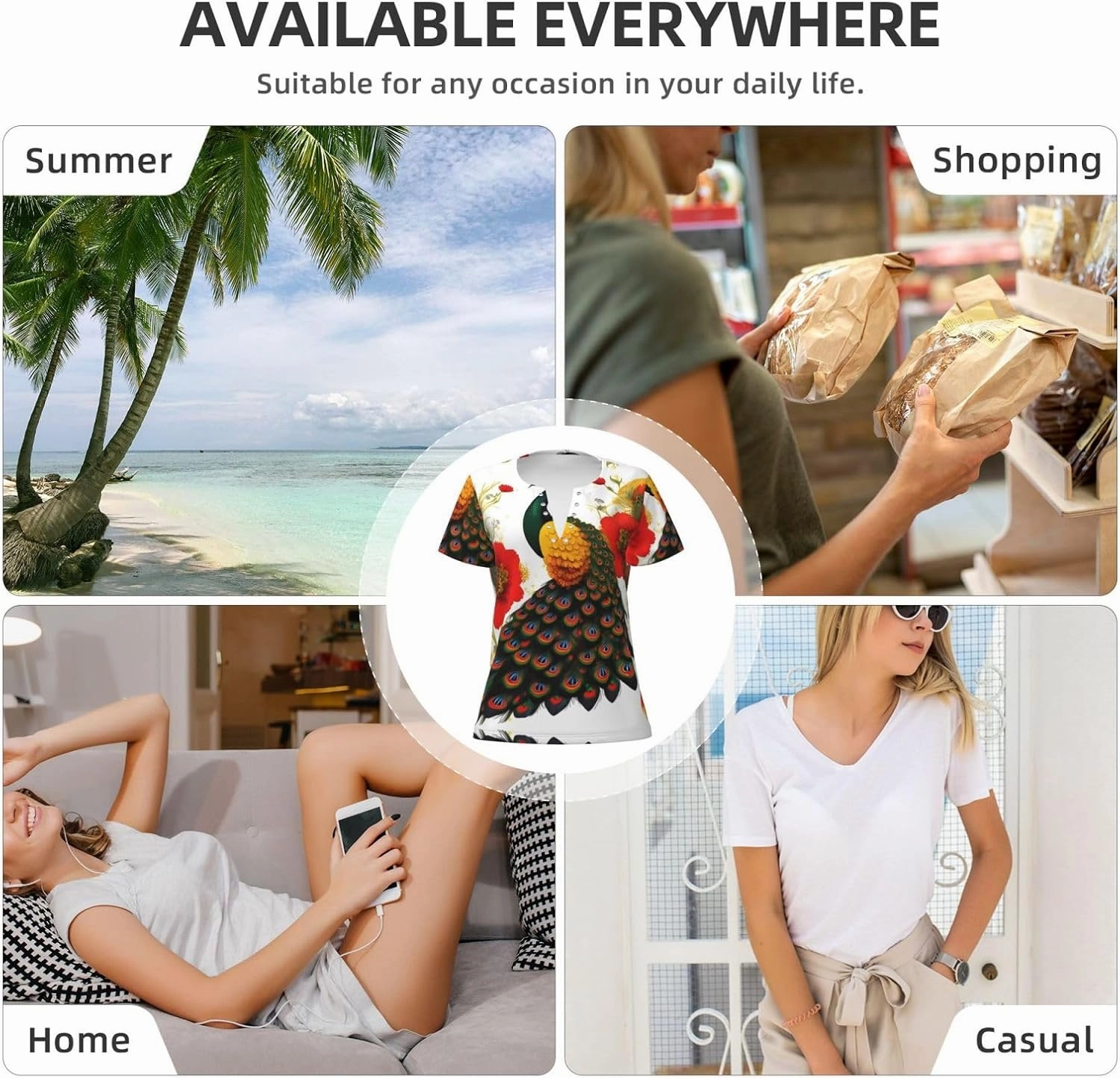 Peacock Red Flower Pattern Sexy V-Neck Printed Short T-Shirt, Travel Portable Fitness Clothes, Home and Outdoor wear