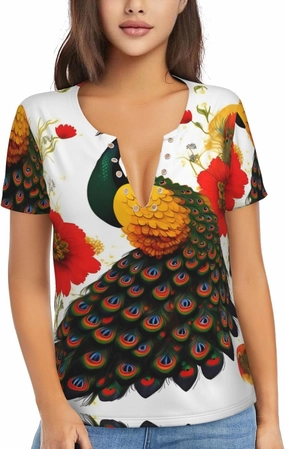 Peacock Red Flower Pattern Sexy V-Neck Printed Short T-Shirt, Travel Portable Fitness Clothes, Home and Outdoor wear