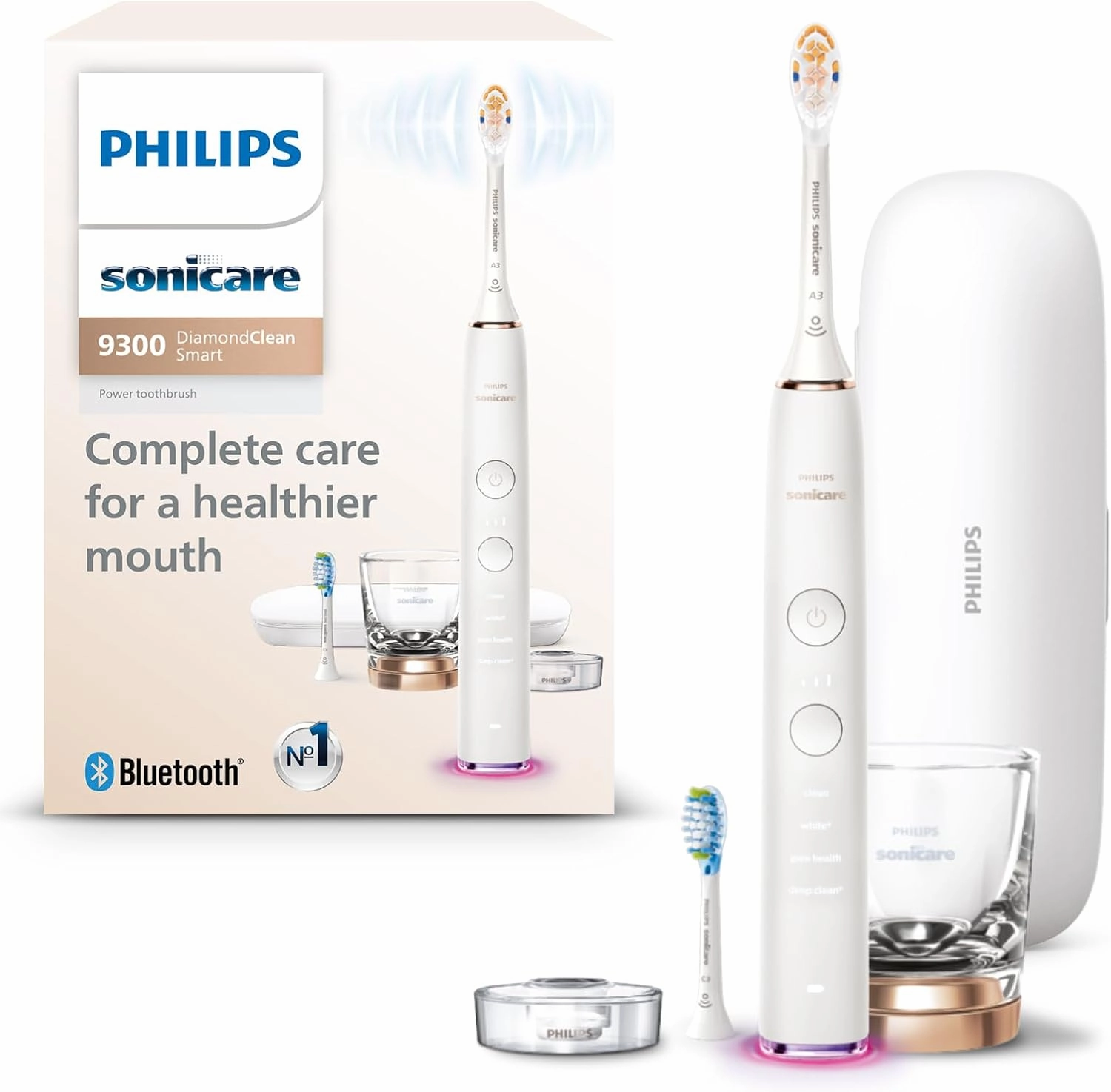 Philips Sonicare DiamondClean Smart 9300 Electric Toothbrush, Sonic Toothbrush with App, Pressure Sensor, Brush Head Detection, 4 Brushing Modes and 3 Intensity Levels, Rosegold, Model HX9903/65