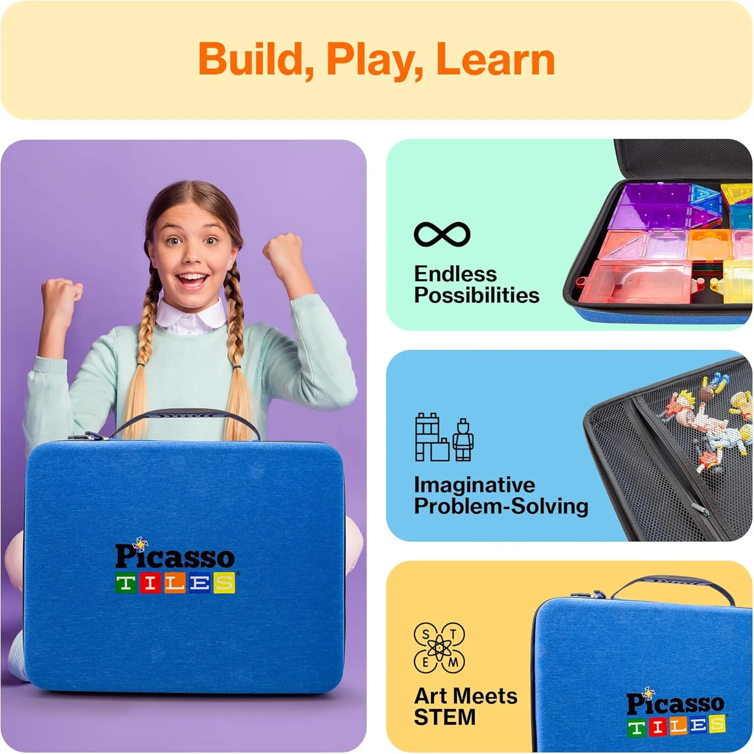 PicassoTiles Toy Carry Case Storage Box Organizer Portable Travel Bag Water Resistant Oxford Cloth for Kids Magnetic Tiles STEM Kids Construction Blocks Magnet Accessory Character Action Figure PTA101