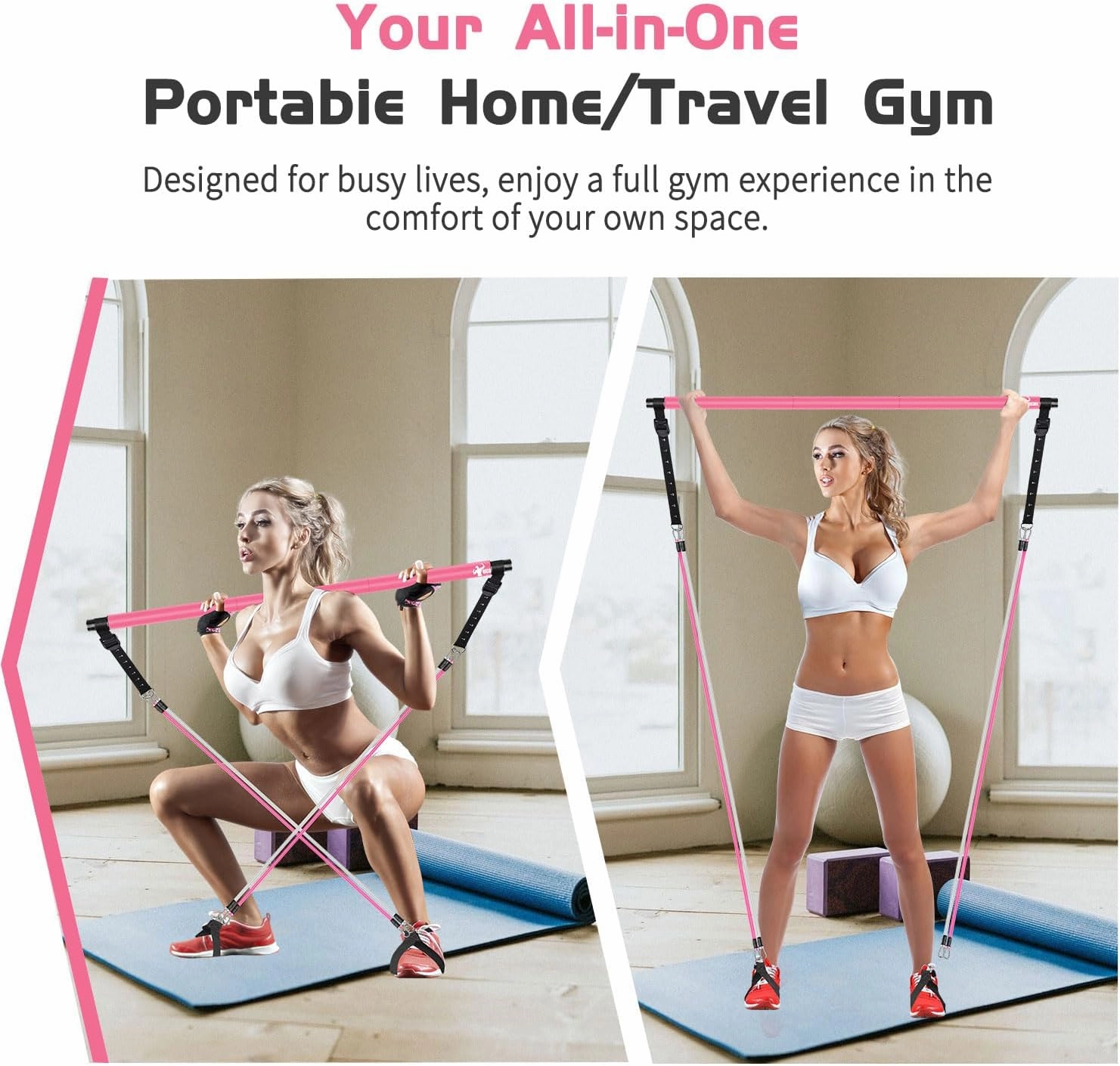 Pilates Bar Kit with Resistance Bands，Foot Strap and Door Anchor, Workout Sets for Women & Men, Qicool Pilates Resistance Bands Exercise Fitness Equipment Home Gym Yoga, Multifunctional Full Body