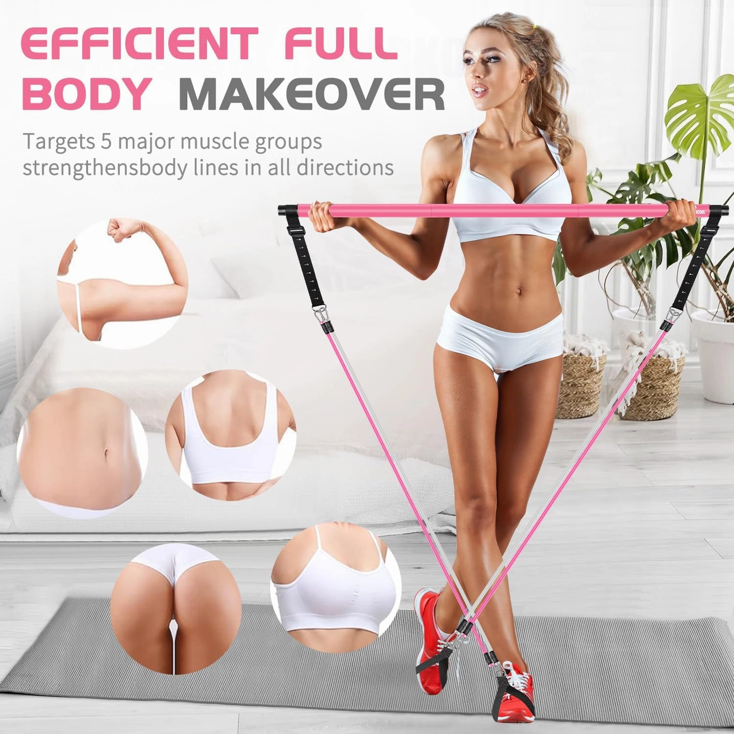 Pilates Bar Kit with Resistance Bands，Foot Strap and Door Anchor, Workout Sets for Women & Men, Qicool Pilates Resistance Bands Exercise Fitness Equipment Home Gym Yoga, Multifunctional Full Body