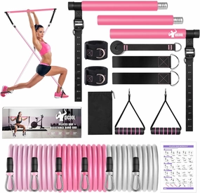Pilates Bar Kit with Resistance Bands，Foot Strap and Door Anchor, Workout Sets for Women & Men, Qicool Pilates Resistance Bands Exercise Fitness Equipment Home Gym Yoga, Multifunctional Full Body