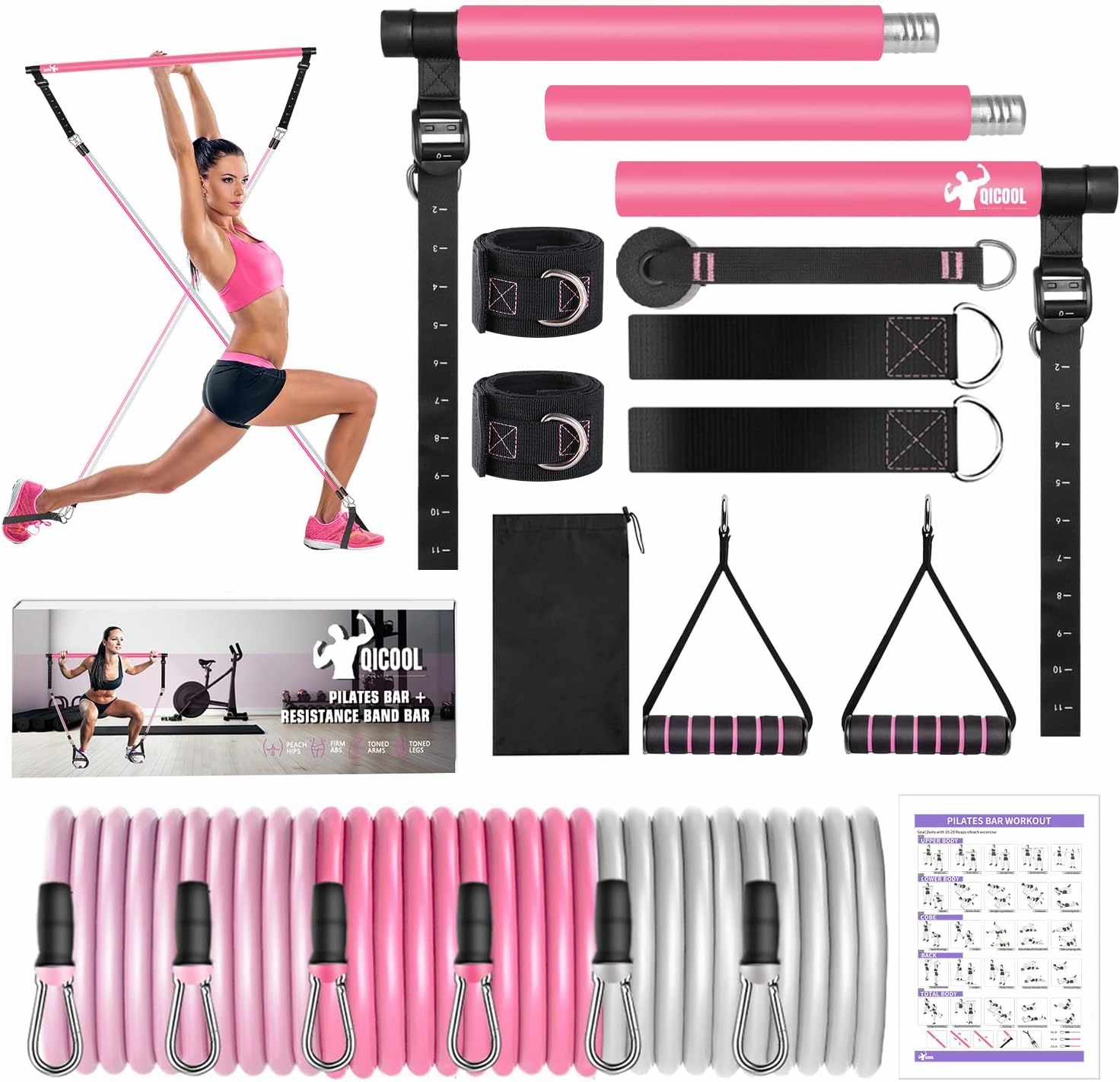 Pilates Bar Kit with Resistance Bands，Foot Strap and Door Anchor, Workout Sets for Women & Men, Qicool Pilates Resistance Bands Exercise Fitness Equipment Home Gym Yoga, Multifunctional Full Body