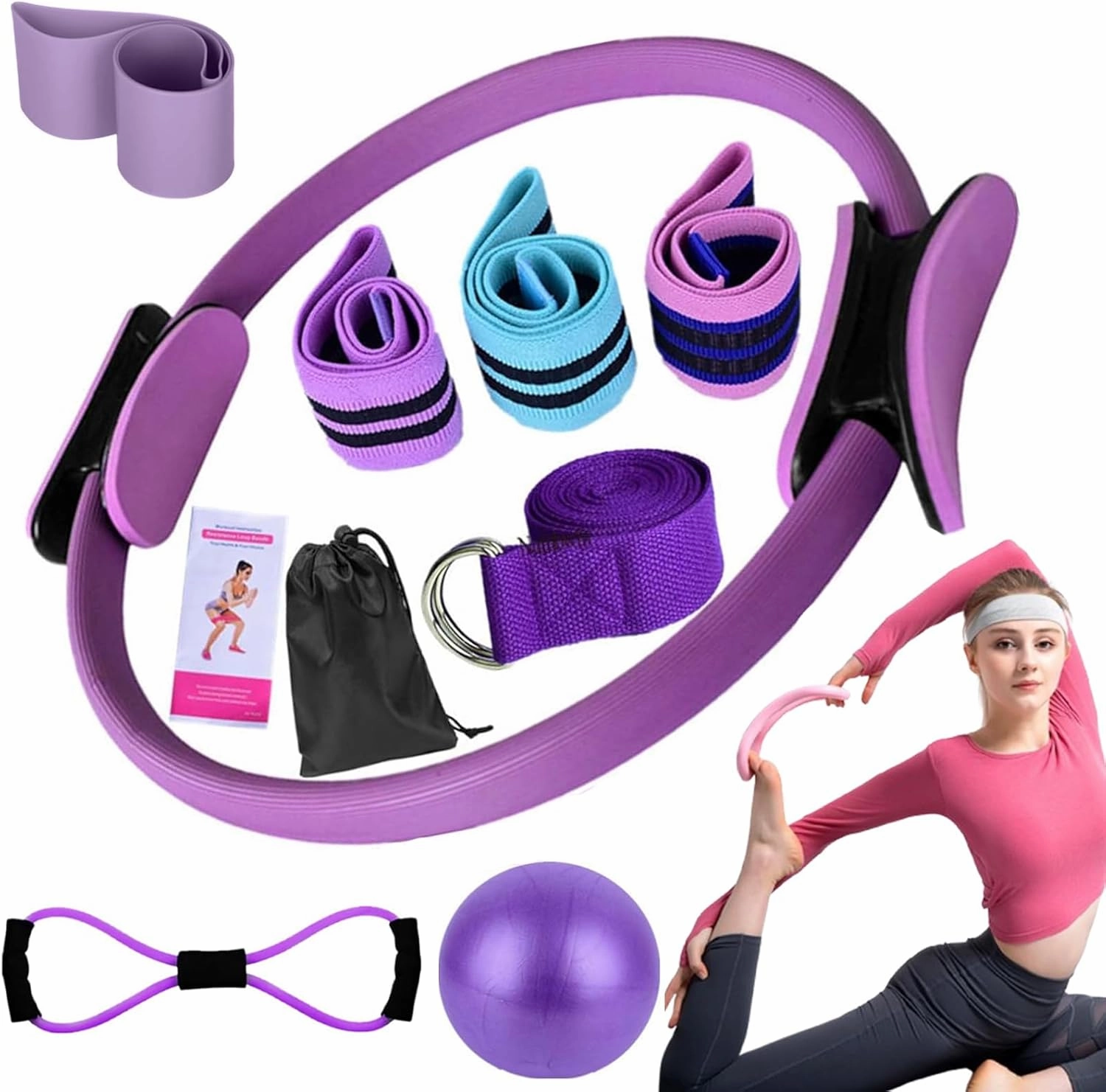 Pilates Essentials Kit for Women, Portable Home Pilates Kit Home Workouts with Yoga Ball 25cm Figure 8 Resistance Yoga Bands