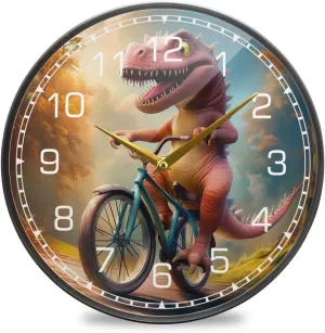 Pink Dinosaur Bicycle Forest Wall Clock Battery Operated Desk Clock, 12 inch Silent Non Ticking Acrylic Wall Clocks for Bedroom Living Room Office Classroom Kitchen Decor