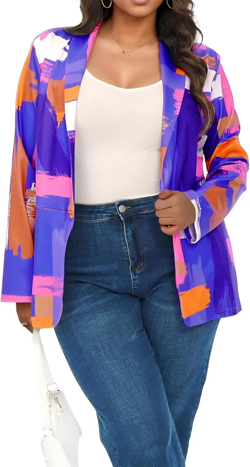 Plus Size Blazers for Curvy Women Sexy Trendy Colorful Oversize Graphic Open Front Jackets