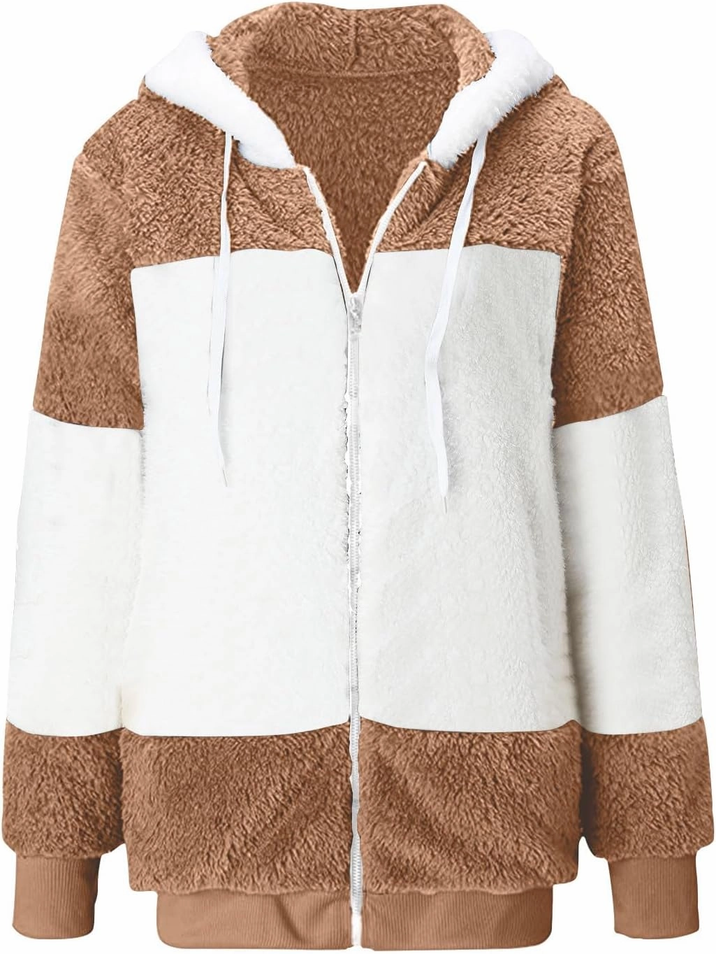 Plus Size Warm Winter Coats For Women 2024 Cute Hooded Sherpa Fleece Jacket Color Block Zip Up Fuzzy Fluffy Outwear