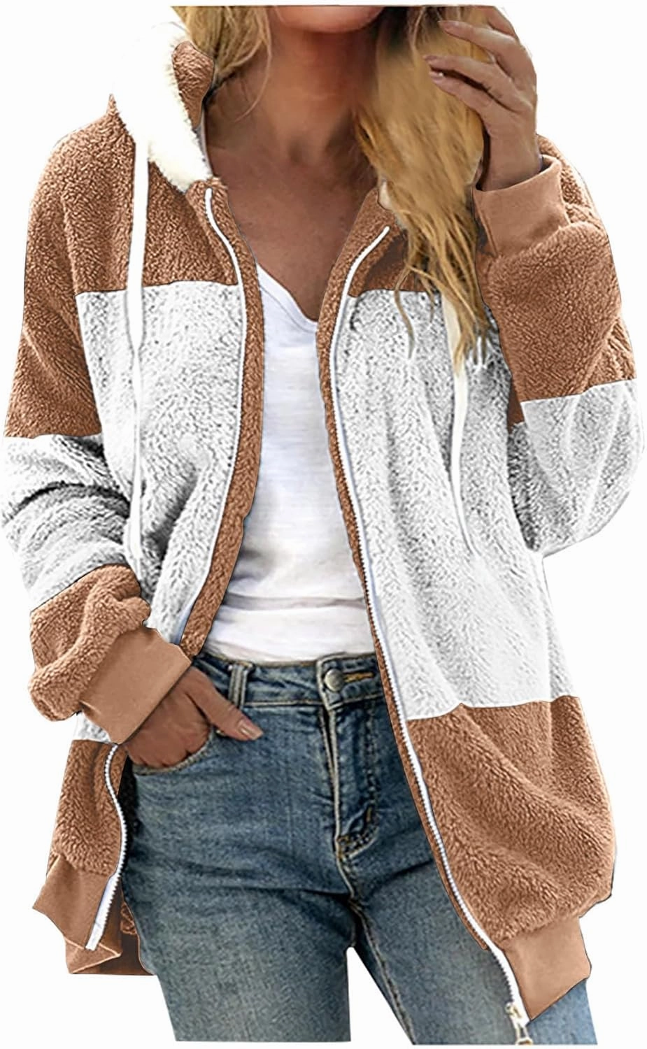 Plus Size Warm Winter Coats For Women 2024 Cute Hooded Sherpa Fleece Jacket Color Block Zip Up Fuzzy Fluffy Outwear