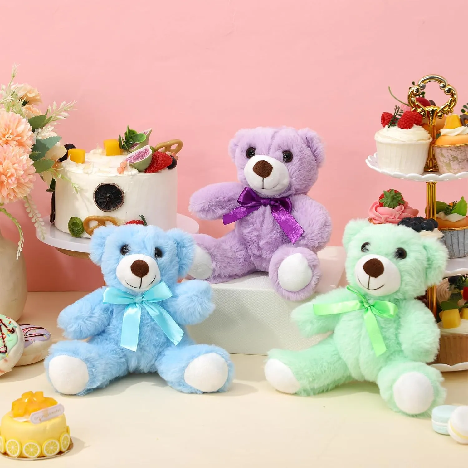 Plush Stuffed Animals cute 9.84'' Cuddly Toys Soft Plushies with Bowtie Macaron Color for Party Basket Stuffers Mother's Day Birthday Weeding Baby Shower Gifts(6 Pcs,Bear)