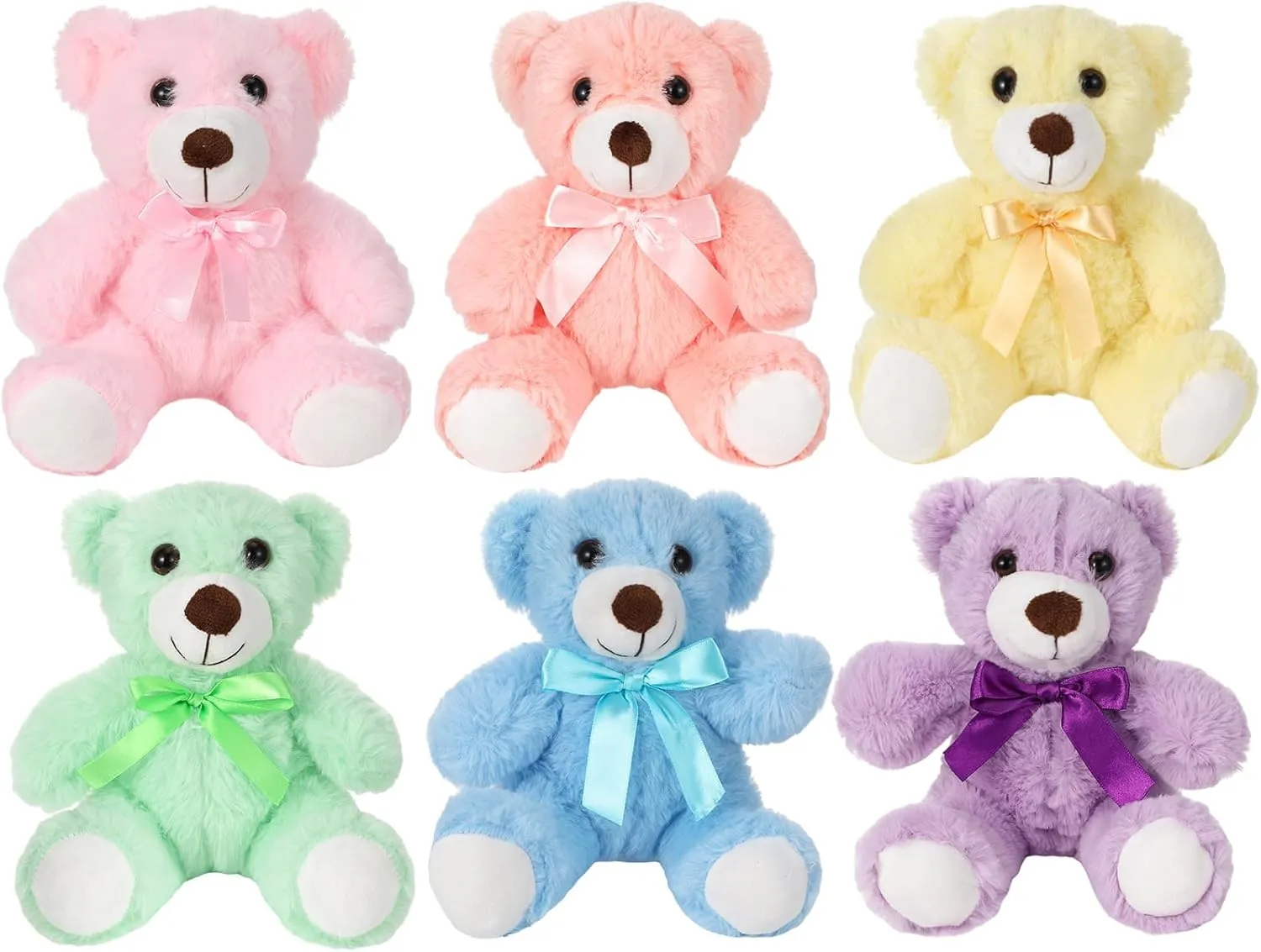 Plush Stuffed Animals cute 9.84'' Cuddly Toys Soft Plushies with Bowtie Macaron Color for Party Basket Stuffers Mother's Day Birthday Weeding Baby Shower Gifts(6 Pcs,Bear)