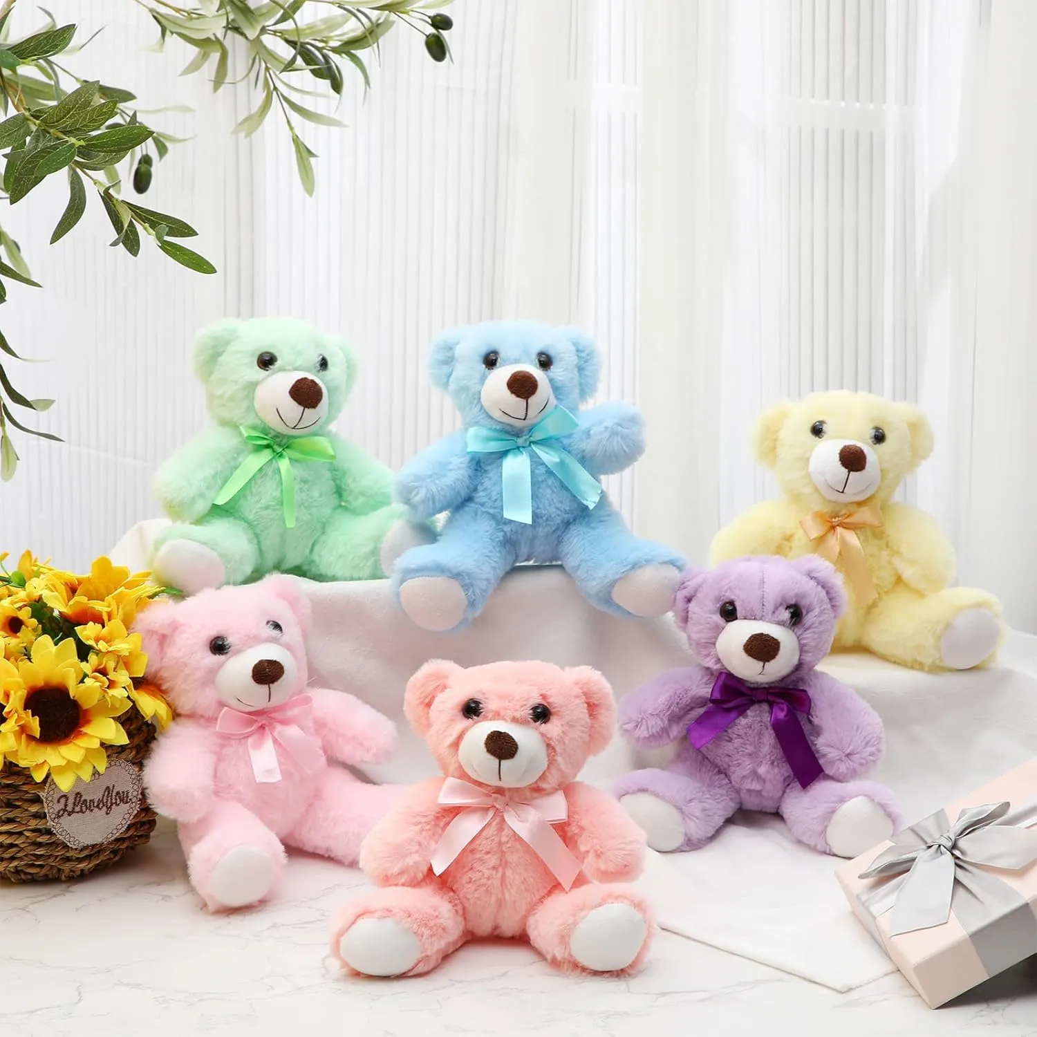 Plush Stuffed Animals cute 9.84'' Cuddly Toys Soft Plushies with Bowtie Macaron Color for Party Basket Stuffers Mother's Day Birthday Weeding Baby Shower Gifts(6 Pcs,Bear)