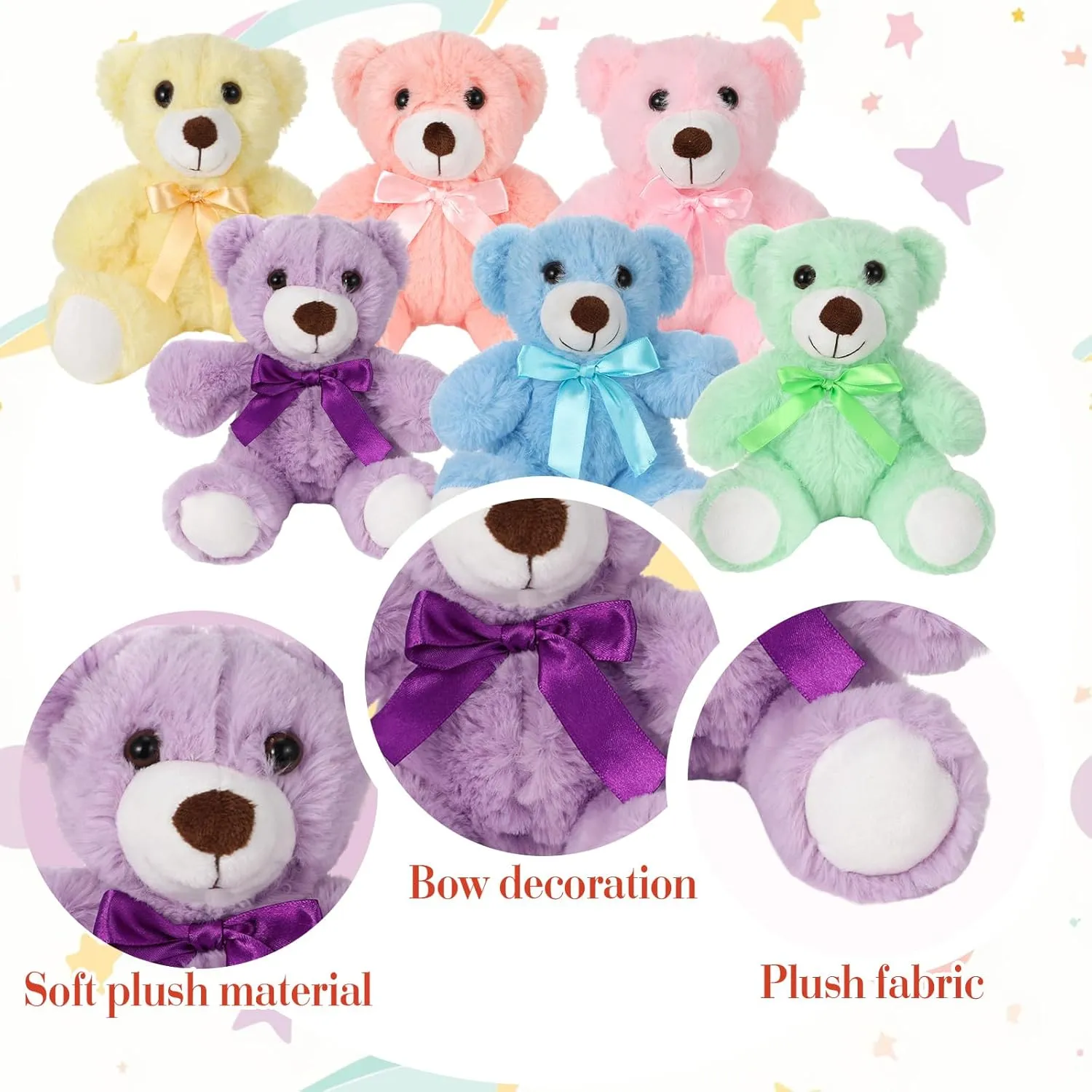 Plush Stuffed Animals cute 9.84'' Cuddly Toys Soft Plushies with Bowtie Macaron Color for Party Basket Stuffers Mother's Day Birthday Weeding Baby Shower Gifts(6 Pcs,Bear)
